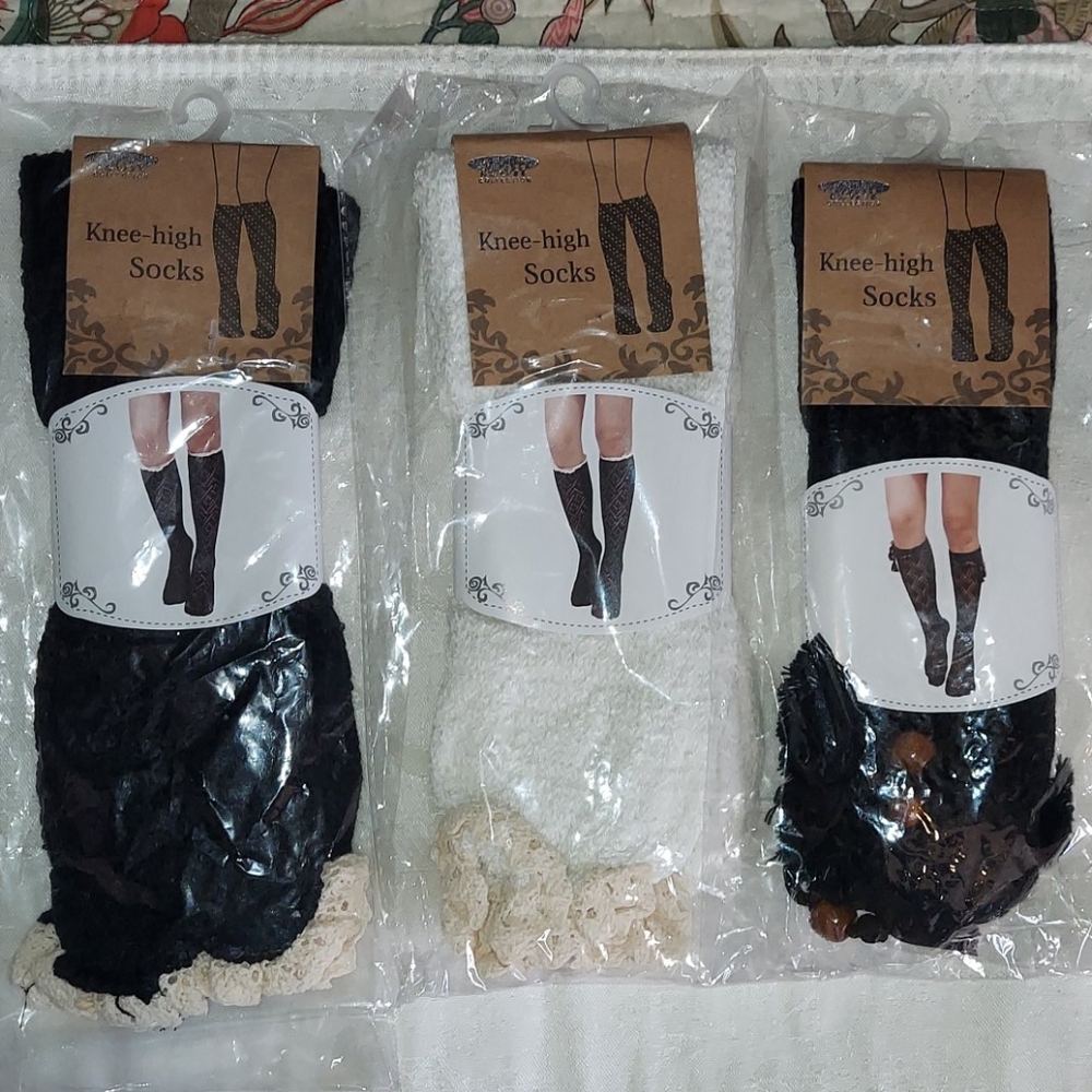 3 New pairs Knee Sock Black, Cream, Tassled, Lace